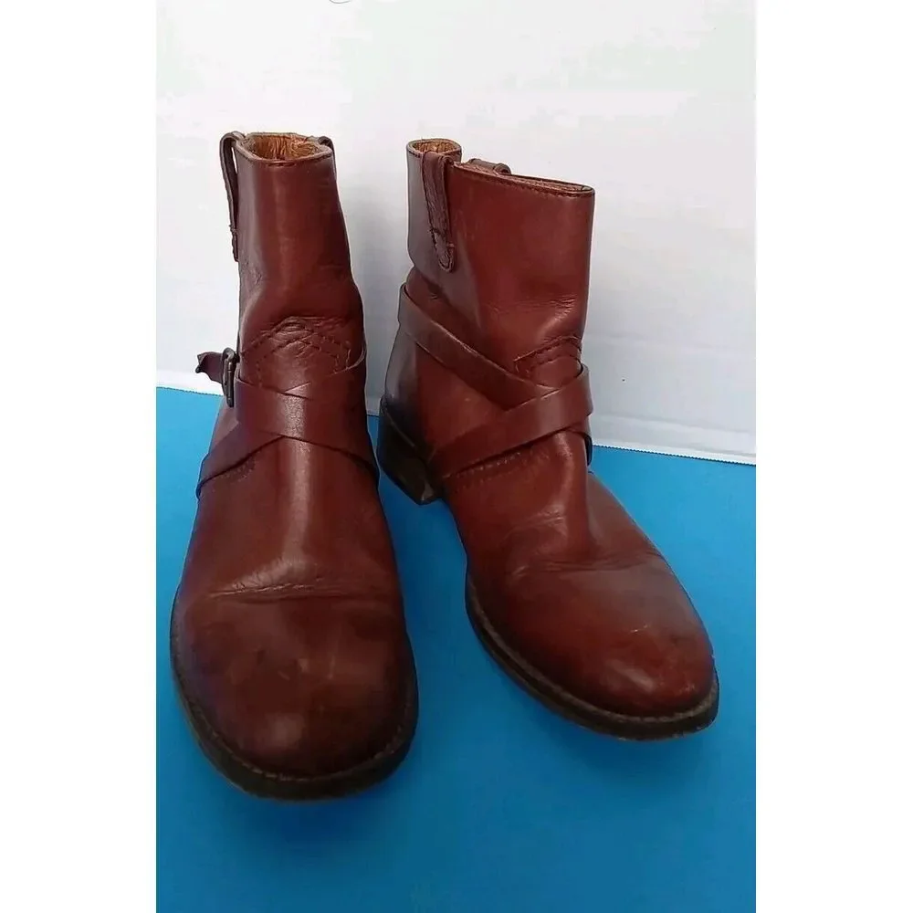 Vintage Brown Leather Ankle Boots‎ with Wrap-Around Buckle Strap Combat Style